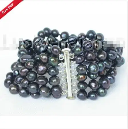 

Wholesale price 16new ^^^^8" 6row 9mm baroque Black pearls FW bracelet bangle magnet clasp j8828