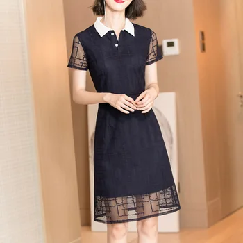 

2019 Dress Sexy Patchwork Button Mesh Short Hollow Out Women VintageTurn-Down Collar Night Club Body con Party Dresses Wholesale