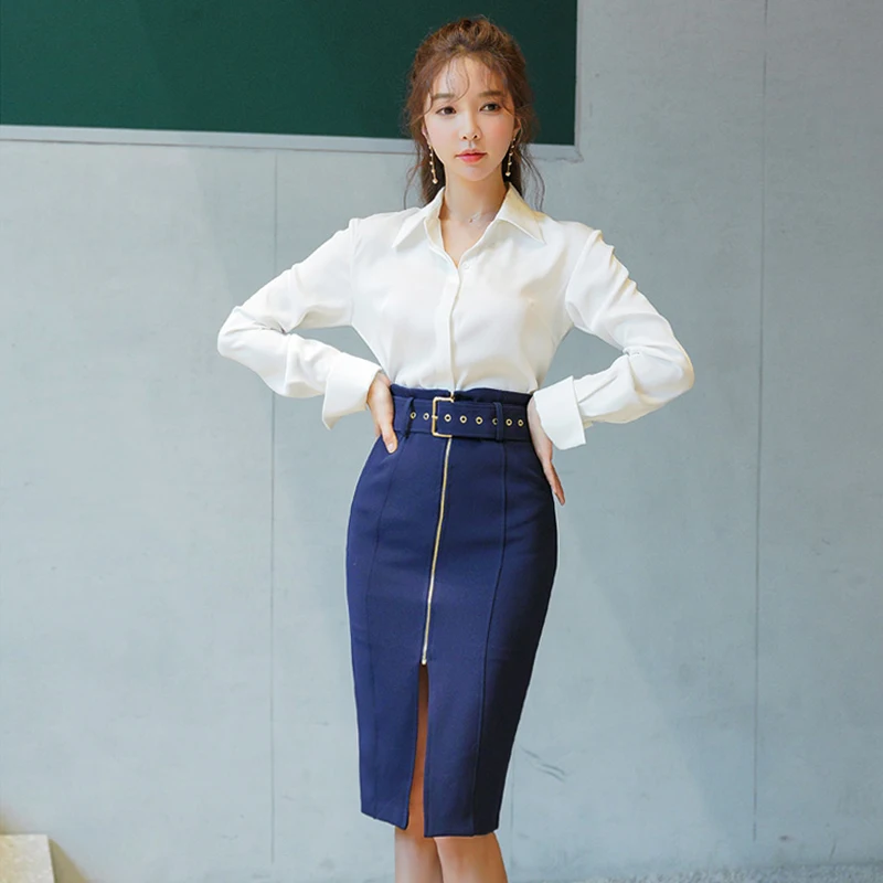 

Office Ladies 2 Piece Set Turn-down Collar Blouse Shirt & Sashes Zipper Up Bodycon Skirt Elegant Women Sets Summer 2019
