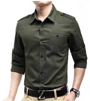 Мужская Военная рубашка с длинным рукавом хаки армейская рубашка-карго мужская приталенная Однотонная рубашка бренд camisa masculina повседневная мужская одежда - Цвет: Армейский зеленый