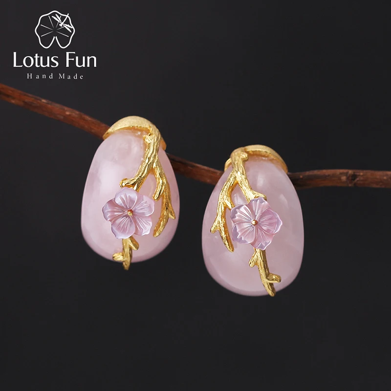 Flor de Ameixa Brincos para Mulher Lotus Real Prata Esterlina Natural Cristal Rosado Criativo Artesanal Jóias Finas Fun 925