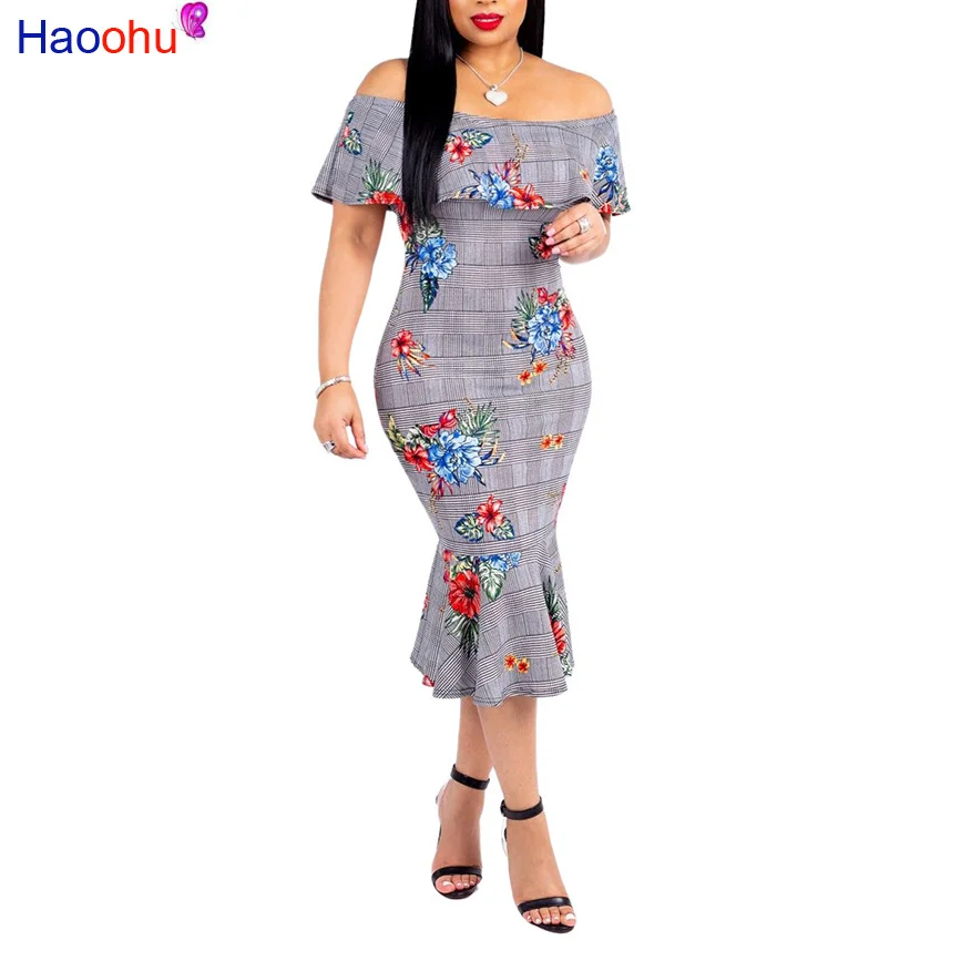 

HAOOHU Floral Print Sexy Mermaid Dress Elegant Slash Neck Ruffles Short Sleeve Party Dress Black White Stripe Off Shoulder Dress