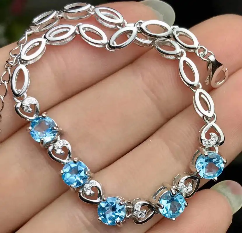 Fidelity natural 5mm Swiss blue topaz Bracelet s925 sterling silver