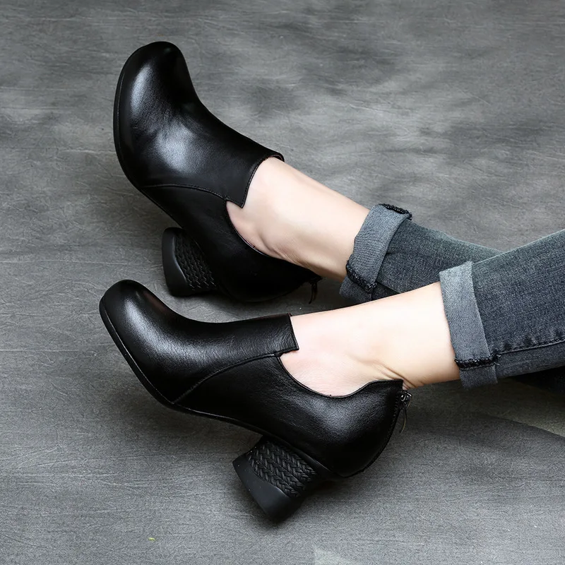

Discount Handmade Spring Womens Ankle Boots Brown Brand Genuine Leather 5CM High Heel Black Set Foot Shoes Comfortable