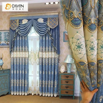 

New Arrival Luxury Valance Blue Color Embroidered Blackout Curtains Custom M Window Curtain 1 Panel