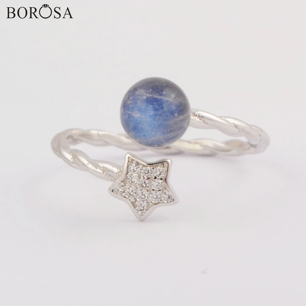 

BOROSA Pure Silver Rings 92.5% Silver Round Natural Labradorite Rings with Star CZ Micro Paved Adjustable Ring Dropship WX1166
