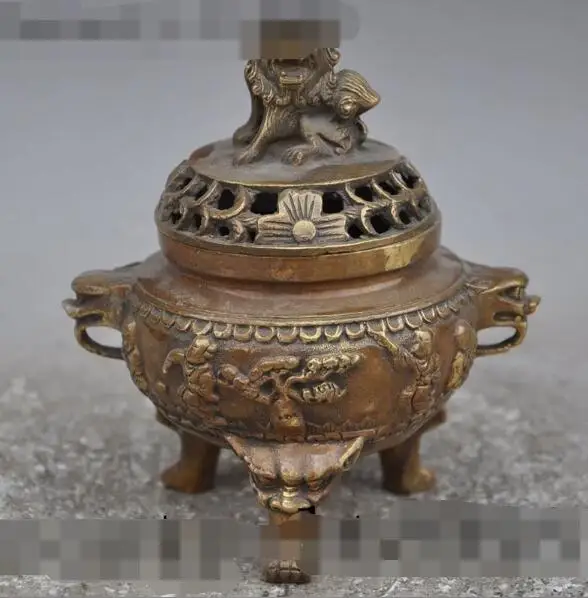 

song voge gem S6105 5" china buddhism bronze Boy Lad foo dog lion beast incense burner Censer statue