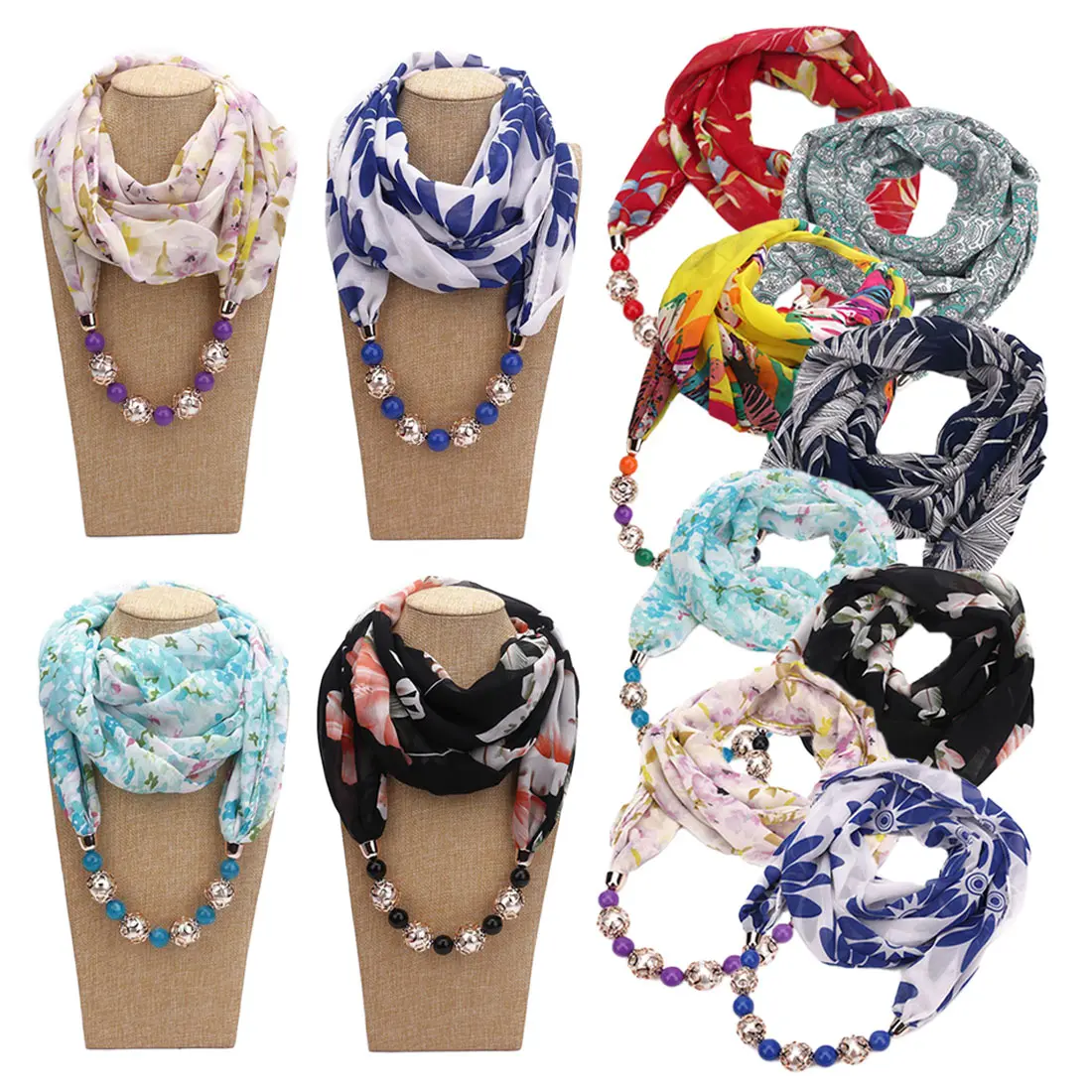 

Multi-style Women's Printed Chiffon Scarf Turban Beaded Pendant Jewelry Bohemia Multi-functional Dress Necklace Scarf