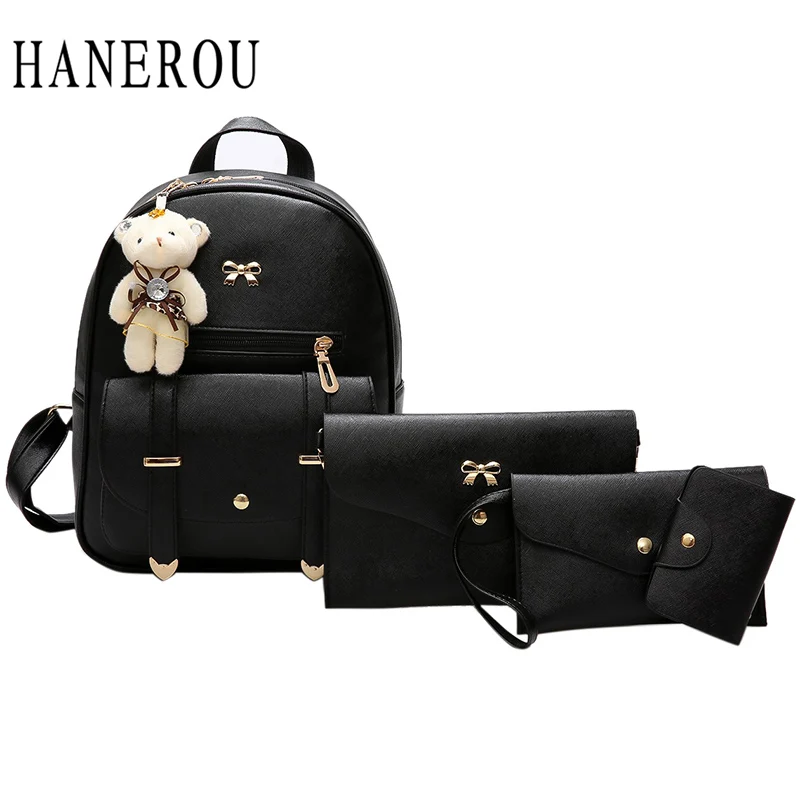 

Fashion Bear Backpack Women Bag Big Bow School Bags For Girls 4 Pcs Backpack Female High Quality Leather Backpack Shoulder Bags