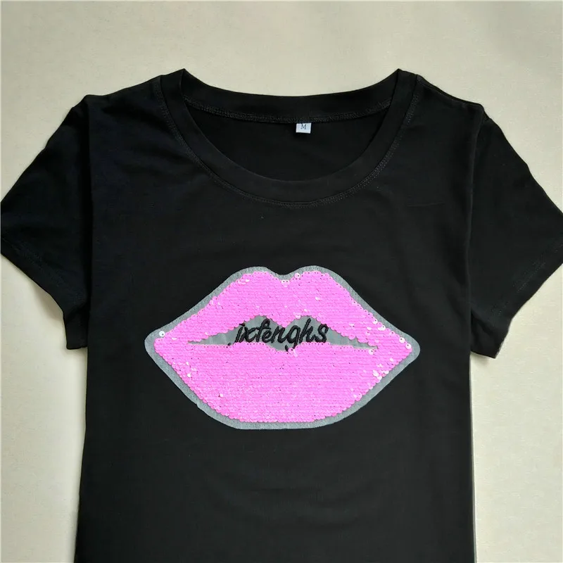 Новинка, женская футболка с изображением губ и блестками, женская летняя футболка с коротким рукавом, повседневные женские Топы в стиле Харадзюку, camisas femininas