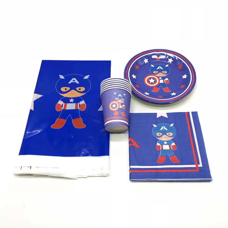 

High Quality Marvel Theme 69Pcs Tableware Set Captain America Cup+Plate Kid Birthday Party Napkins+Tablecover Decoration Supply