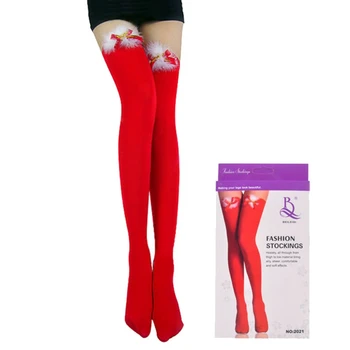 

Christmas Sexy Elastic Long Tube Red Bow Bells Thighs High Solid Opaque Feather Stockings Female Adult Role Playing Costume