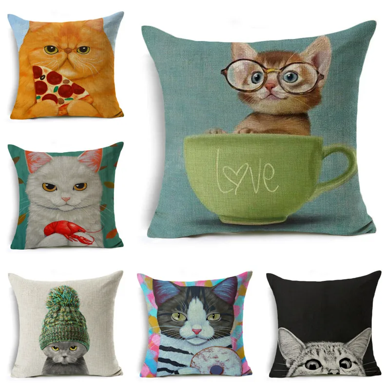 

Art Linen Pillow Cover Cat Couch Cushion Covers Kitten Pillowcase Cute Animal Decoration Sofa Soft Chair Seating 45x45cm