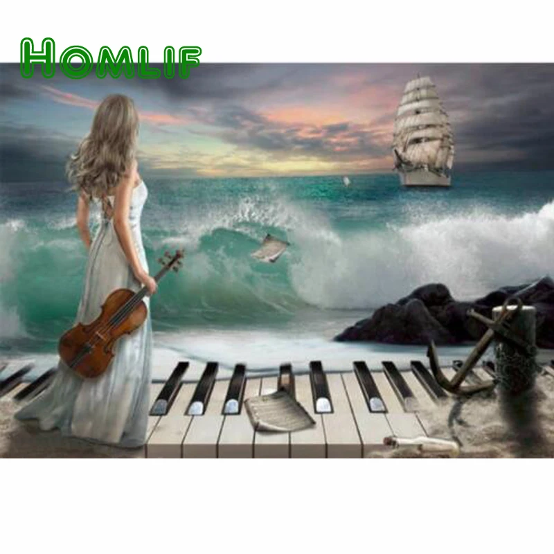HOMLF Diy Алмазная вышивка крестиком мозаика фортепиано женщина море рукоделие