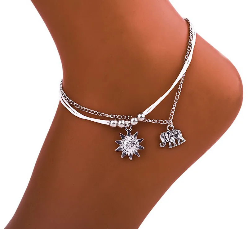 Богемский многоуровневый браслет на ногу со слоном для женщин, Солнцезащитная Цветочная подвеска, веревка, античный серебряный цвет, цепь, пляжный браслет на ногу