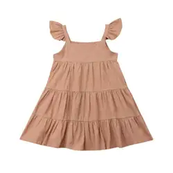 Новинка 2019 года; модное короткое хлопковое платье без рукавов с оборками для маленьких девочек; однотонное ДРАПИРОВАННОЕ праздничное