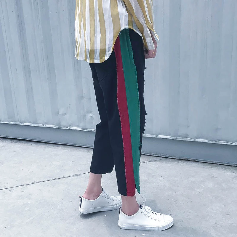 2018 New men Ripped stripe Straight Biker Jeans Holes Denim Famous Designer Brand Casual Pants FASHION black color Trousers 2XL