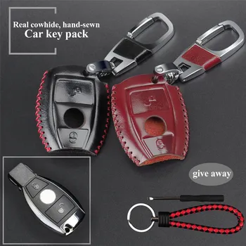 

Leather 2 Button Car Key Bag Case Cover for Mercedes Benz W210 W211 W124 W202 W204 W205 AMG Key Holder Chain Protector Shell