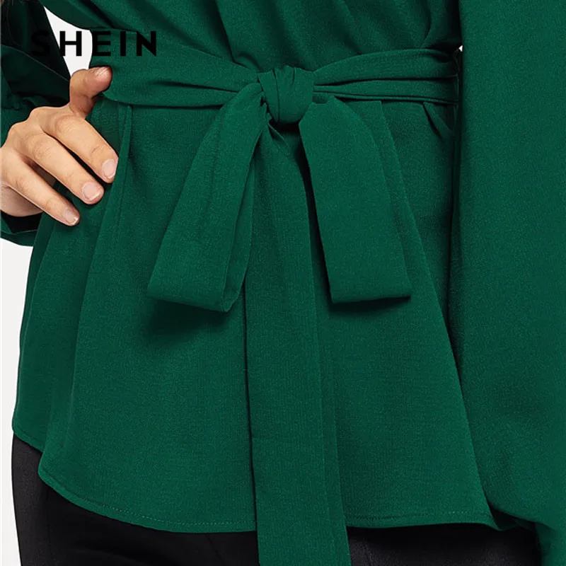 SHEIN Блузка С Поясом Оригинальным Рукавом И Узором Женская Весенняя Классическая V