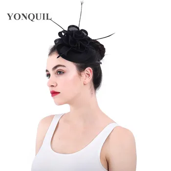 

Imitation sinamay fedora hat women fascinator hat elegant headband bride party dinner headpiece with fancy feather chic chapeau