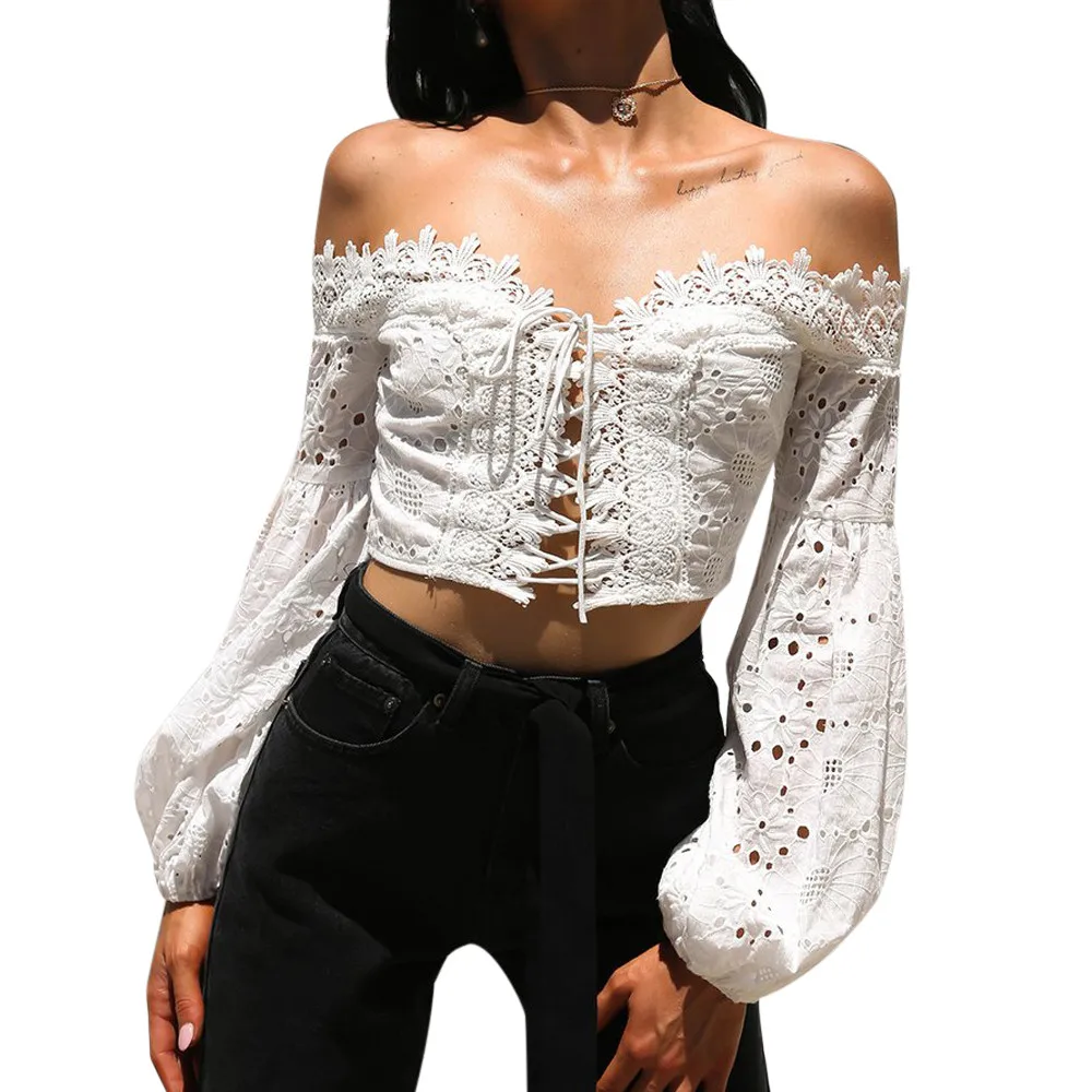 Women Off Shoulder Long lantern Sleeve Slash neck Hollow Lace Solid Loose oose Tops T-Shirt summer 