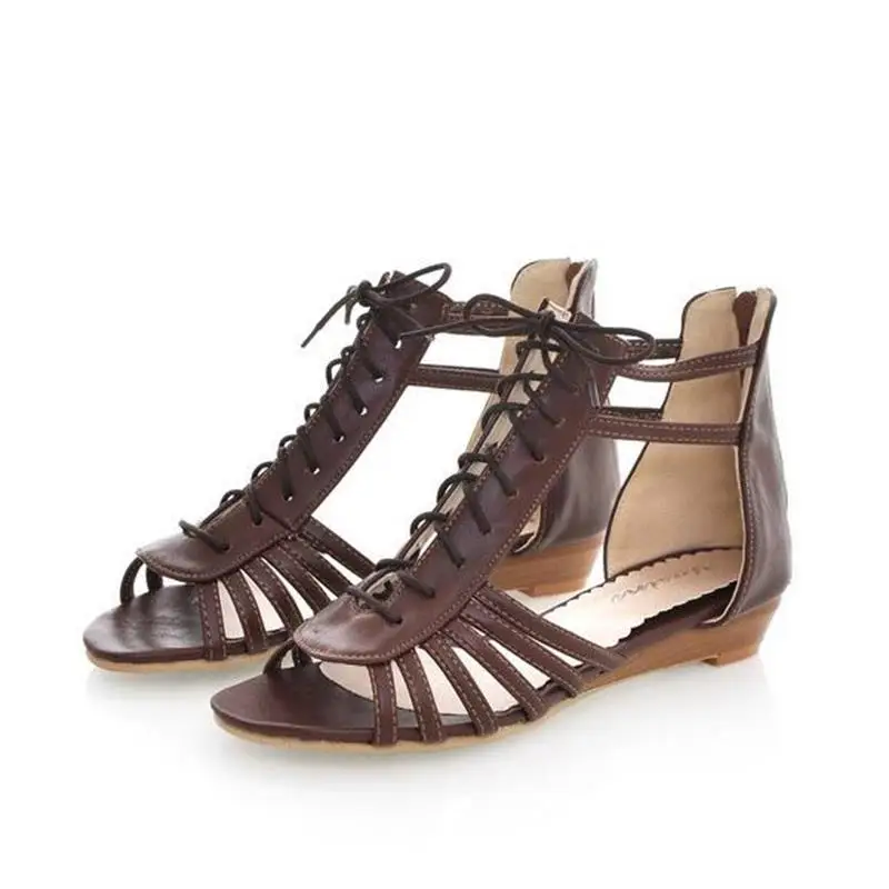 

Fashion Narrow Band Lace Up Woman Sandals Open Toe Low Wedges Bohemian Beach Shoes 2017 Summer Women Shoes Big Size 35-43
