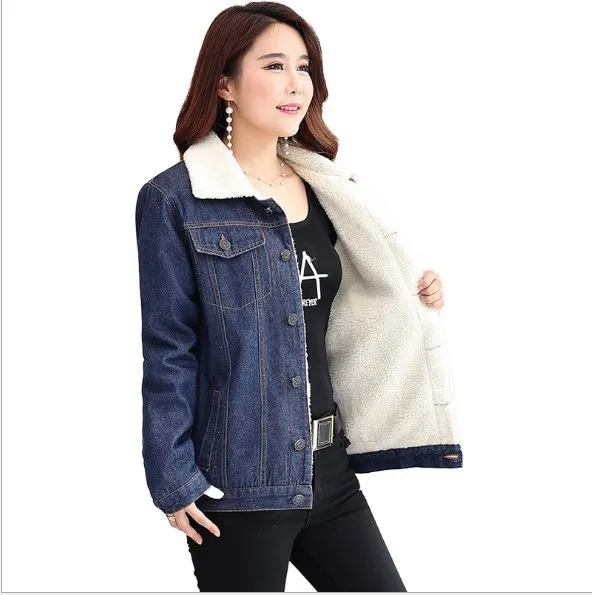 Womens Winter Warm Velvet Denim Jackets Female Turn Down Collar Thick Fleece Jean Jacket Autumn 