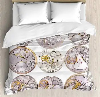 

Duvet Cover Set, Repair of Watches Theme Design Technical Theme Clockwork Retro Theme Horizontal, 4 Piece Bedding Set