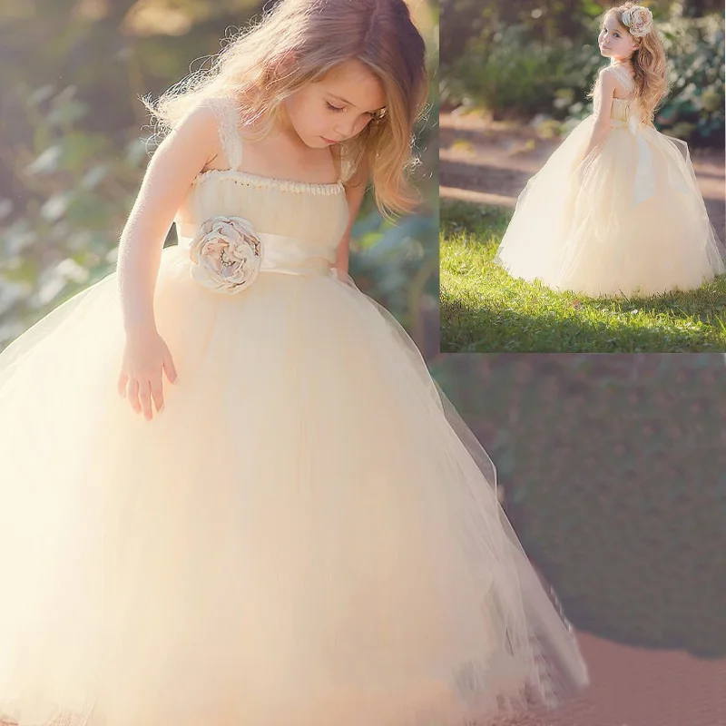 Free Shipping Cute Girls Dress Lace Straps StraplessTulle Flower Girl