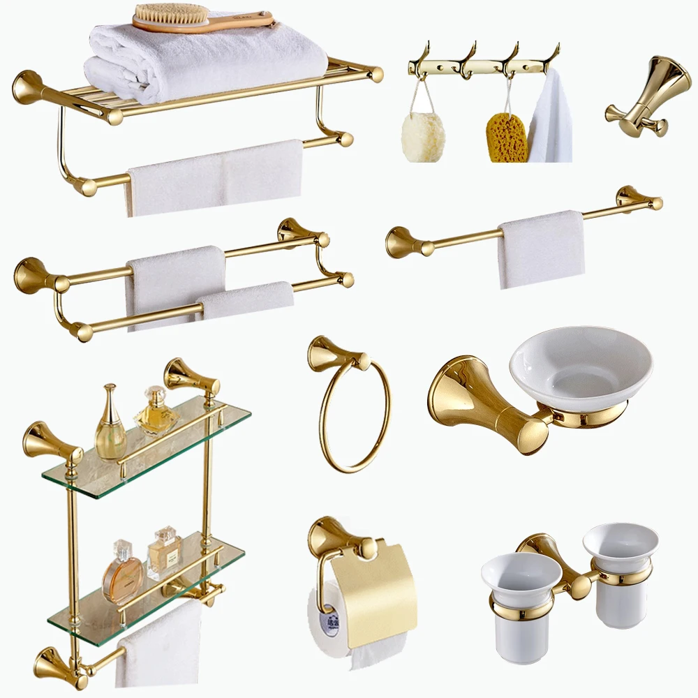 

modern 304 stainless steel gold polish bathroom accessories Horn shape base wall mount bathroom hardware set