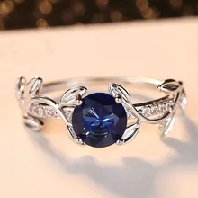 HPXmas Fashion Crystal Silver Color Leaf Rings Blue Zircon Ring for Woman Chic Engagement Ring Charm Floral Rings Jewelry Gifts chic blue bead and leaf shape embellished retro ring for women