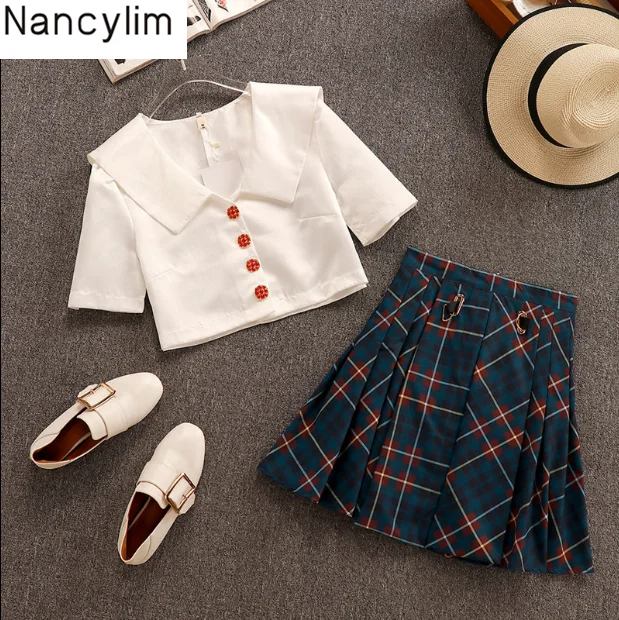 

Skirt Suits Women 2019 Summer Temperament Short Design White Shirt + High Waist Plaid Skirt Two Piece Set Ladies Office Wear