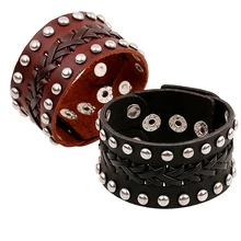Мужские браслеты в стиле панк, широкий браслет из натуральной кожи, Женский Браслет-манжета, коричневый, черный, серебряный тон, браслет с заклепками, браслет для байкеров, ювелирное изделие