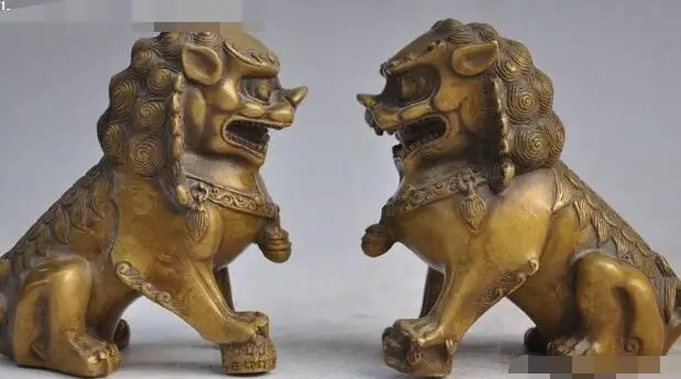 

S2145 Chinese bronze Folk Feng Shui Guardian Evil Bei Jing Fu Foo Dog Lion statue Pair