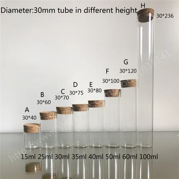 

100 x Diameter 30mm Tubes Vial, 15ml 25ml 35ml 40ml 50ml 60ML Glass Bottles with Cork, Empty Glass Tube for Tea or Sea Cucumber