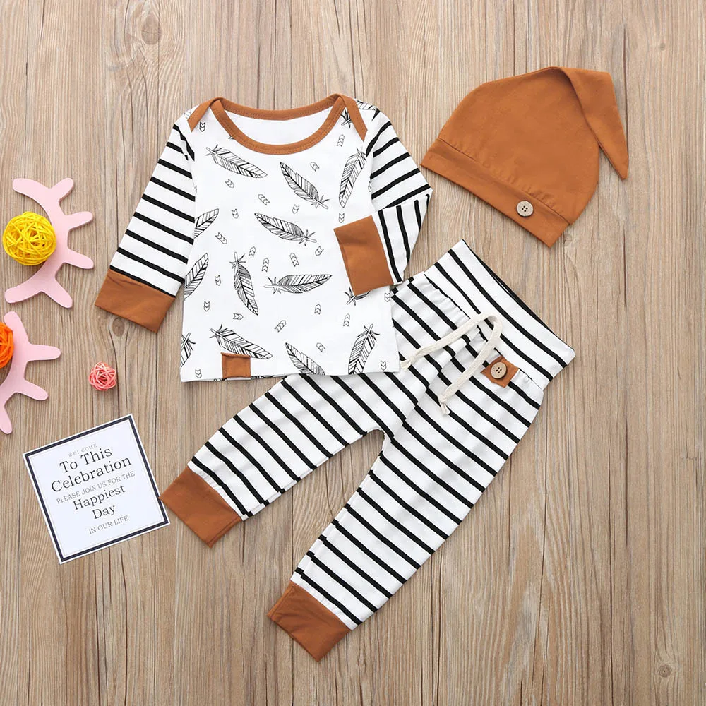 Одежда для новорожденных футболка с перьями для маленьких мальчиков и девочек топы, штаны в полоску, комплект одежды, roupa infantil6.824gg