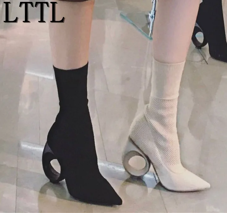 

LTTL New Designer Boots Fretwork Heels Ankle Boots Pointes Toe High Heeled Boots Booties Stretchy Sock Boots Slipon Woman 2017