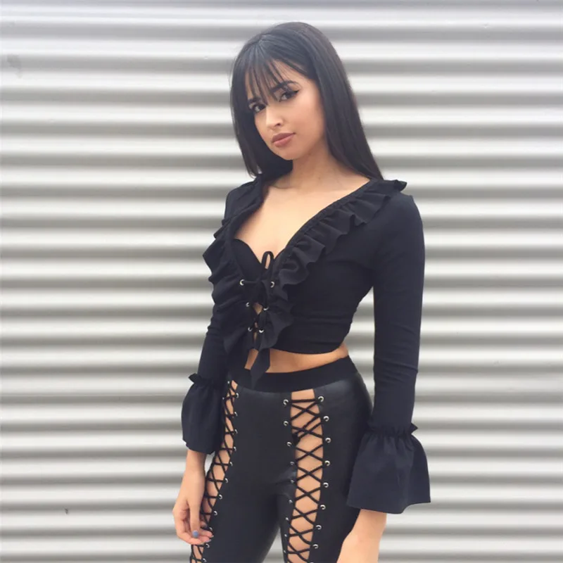Artimiss новые модные женские Flare с длинным рукавом Ruffle Crop Top 2017 лето-осень пикантные