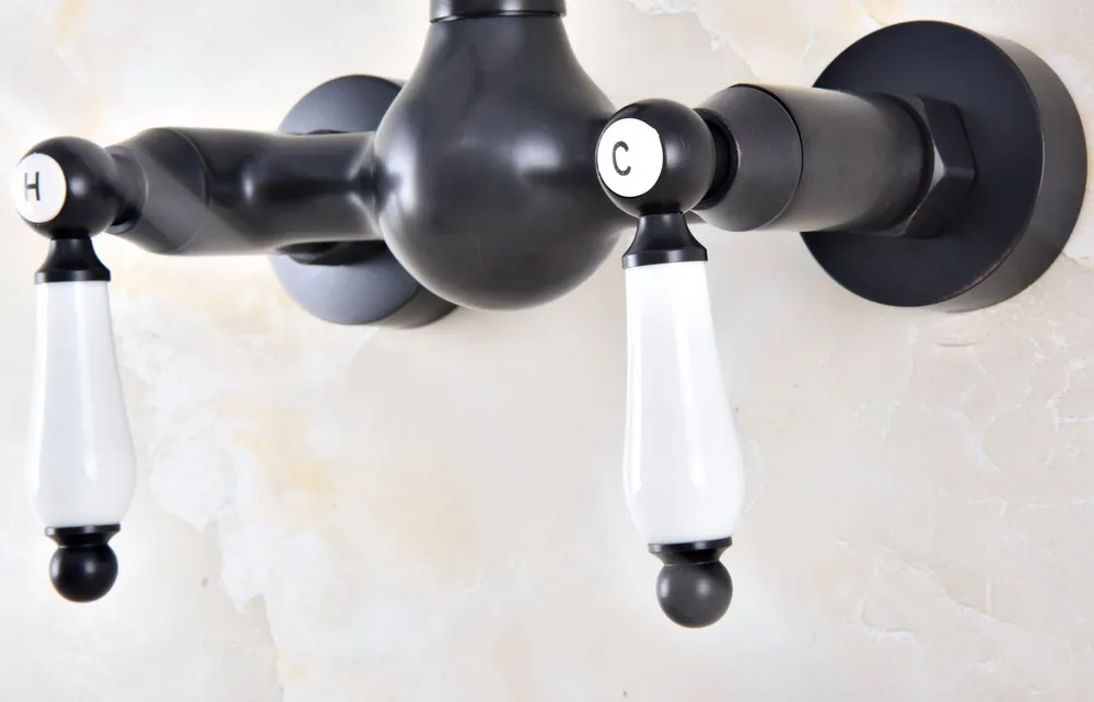 Black Oil Rubbed Bronze Wall Mounted Bathroom Kitchen Sink Faucet Swivel Spout Mixer Tap Dual Ceramics Handles Levers anf857