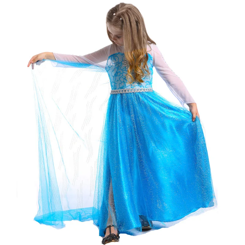 Blue Elsa Girls Costume with Long Cape Halloween Costumes for Kids