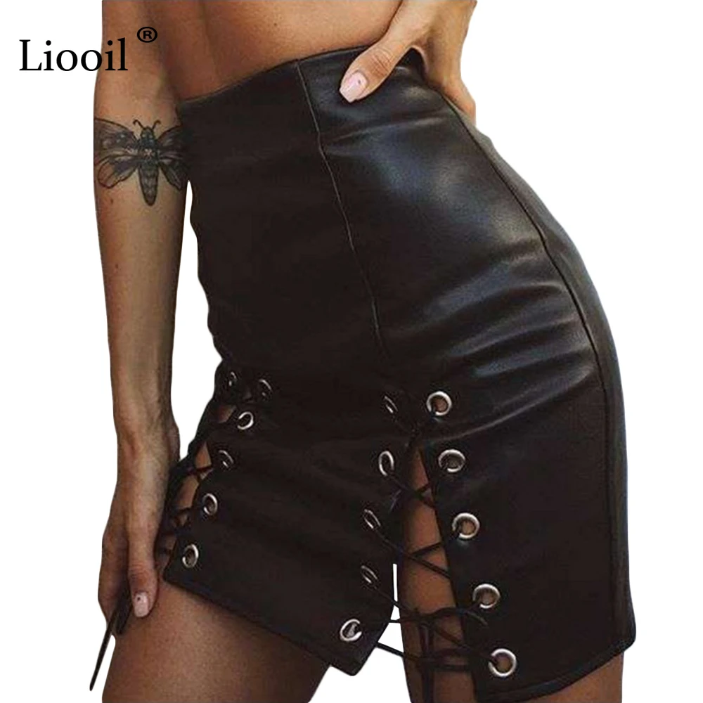 Liooil Black Lace Up Leather Skirt Winter New Pu High Waist Sexy Hollow Out Mini Skirt Fashion