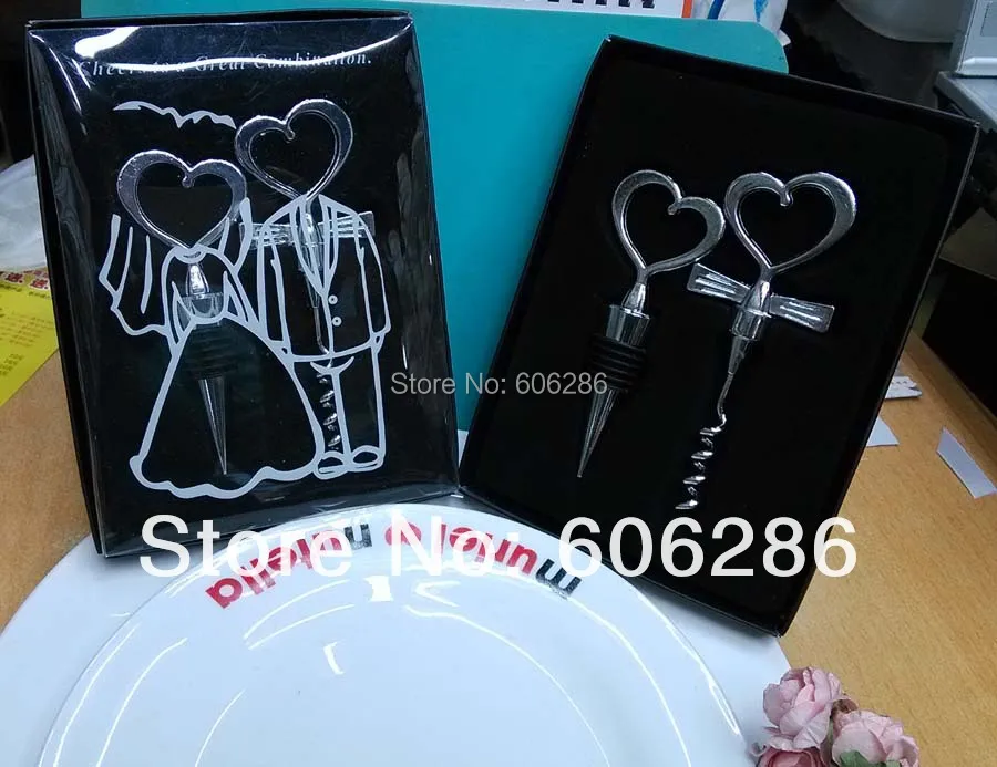 

Wholesale 100sets/lot Bridal Shower Favors Zinc Alloy Couple Wine Bottle Stopper And Opener for Wedding party Souvenirs