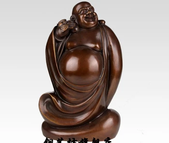 

14" China Bronze Buddhism Happy Maitreya Buddha Bat Brass Statue