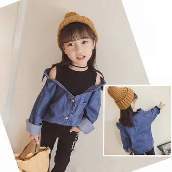 

2018 autumn new fashion strapless long-sleeved shirt shirt girls denim shirt jacket fake two female baby tide