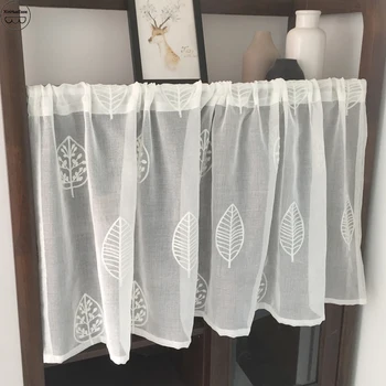 

XinHuaEase Yarn Short Curtain Window Voile Kitchen Curtains White Sheer Coffee Tulle Cafe Drapes Leaves Embroidery Door Valance