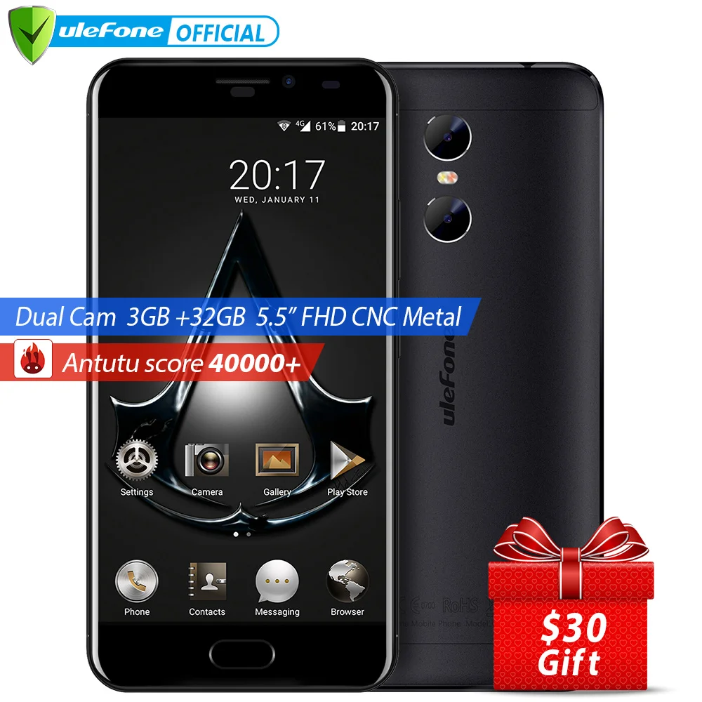 Ulefone Gemini Dual Back Cameras Mobile Phone 5.5 inch FHD MTK6737T Quad Core Android 6.0 3GB+32GB Front Touch ID 4G Smartphone