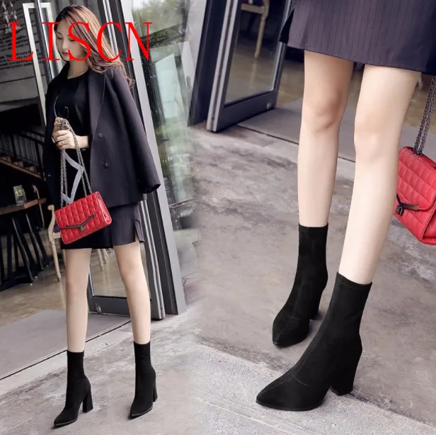 

2018 new autumn and winter single boots pointed boots high heels stovepipe thick with elastic socks boots female Martin boots 6