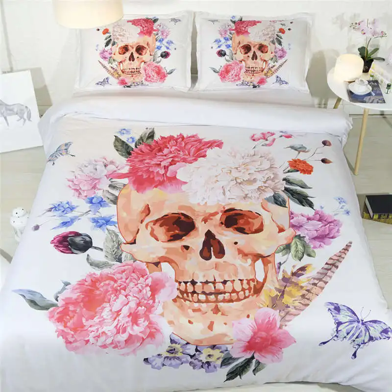 

3D skull bedding sets king size adult white duvet cover pink rose bed linens colorful bed clothes home textile 3pcs