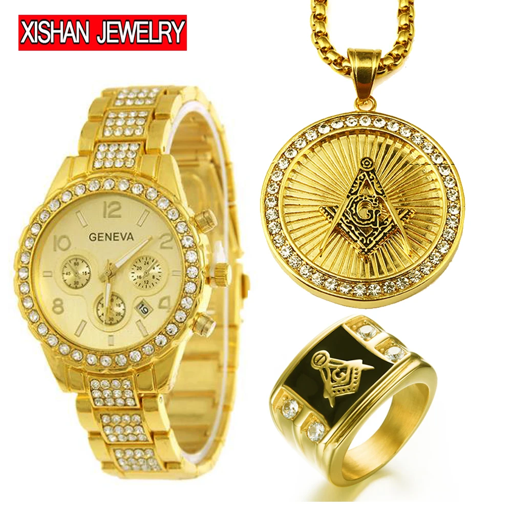 

Men's Hip Hop Iced Out Freemason Masonic Watch & Necklace & Rings Combo Set