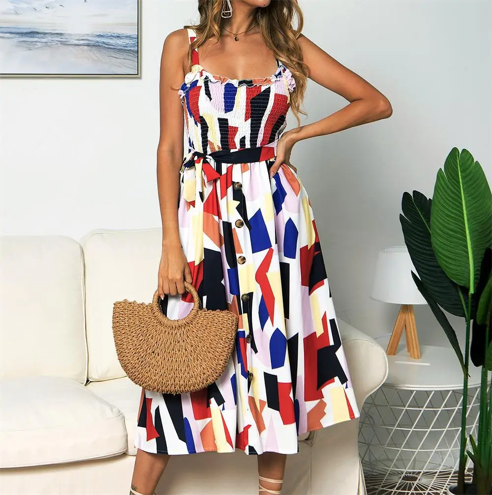 

Women Casual Summer Dress Single Row Button Dresses Woman Party